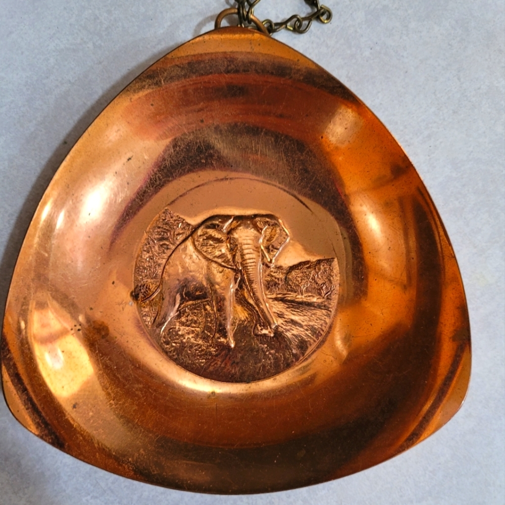 One of a Kind copper elephant wall plate with hanging bowl by Copper Craft Guild